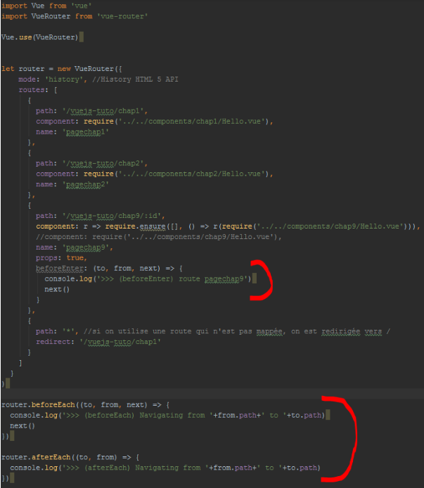 Définition des hooks globaux et spécifiques aux routes dans src/pages/chap9/AppRoutes.js