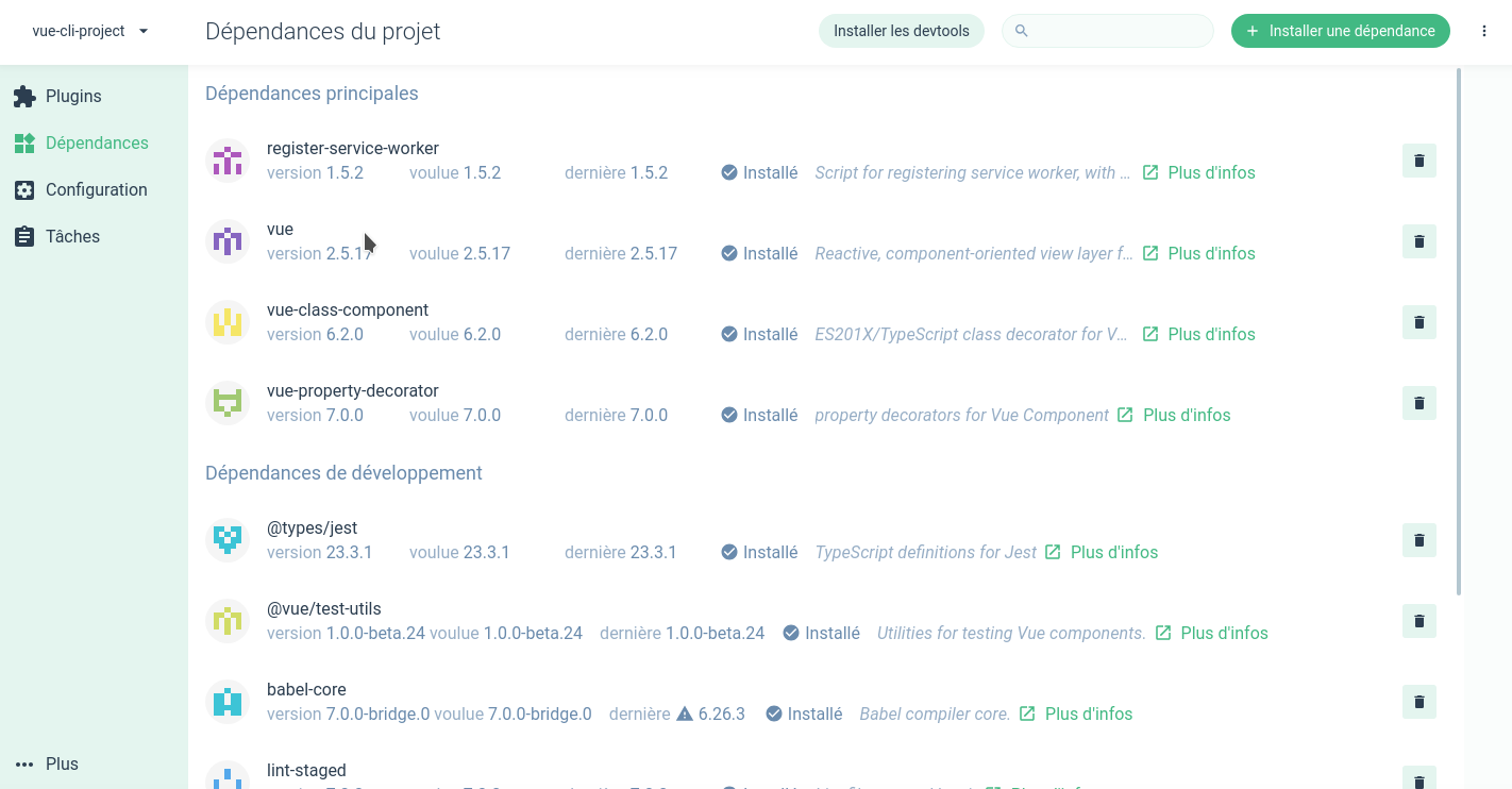 Liste des dépendances