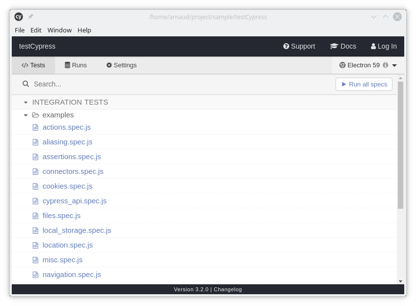 Interface utilisateur de Cypress