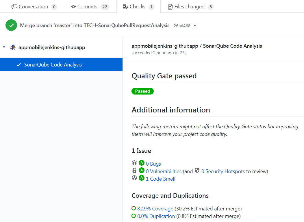 Détails de l'analyse SonarQube dans l'onglet checks de GitHub