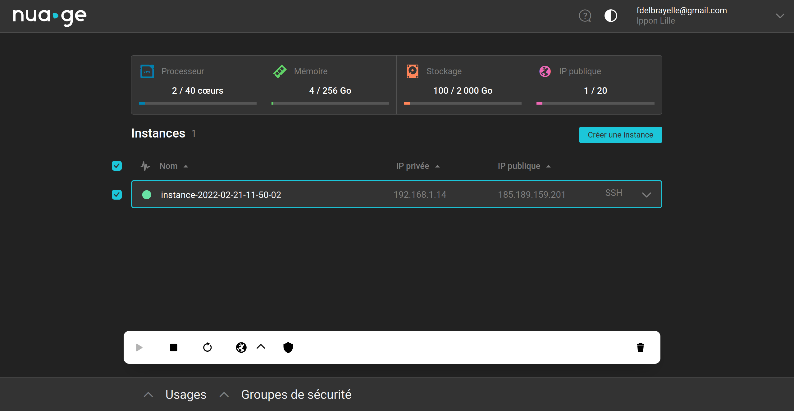 Interface d’administration des instances (VMs)