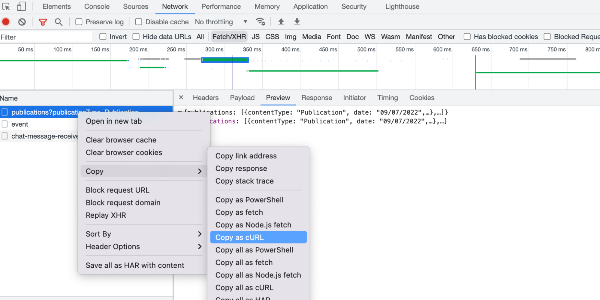 Clic sur "Copy as cURL" dans le sous-menu "Copy" en faisant un clic droit sur une requête dans l'onglet Network