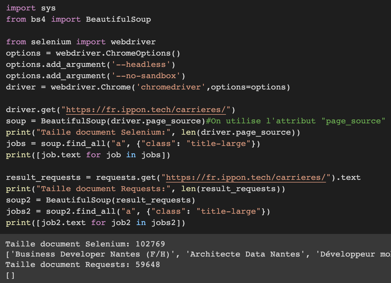 Code montrant la différence entre Selenium et Requests, résultat en bas : Les informations récupérés via Selenium (fonctionne), et aucune information récupéré par Requests(ne fonctionne pas)