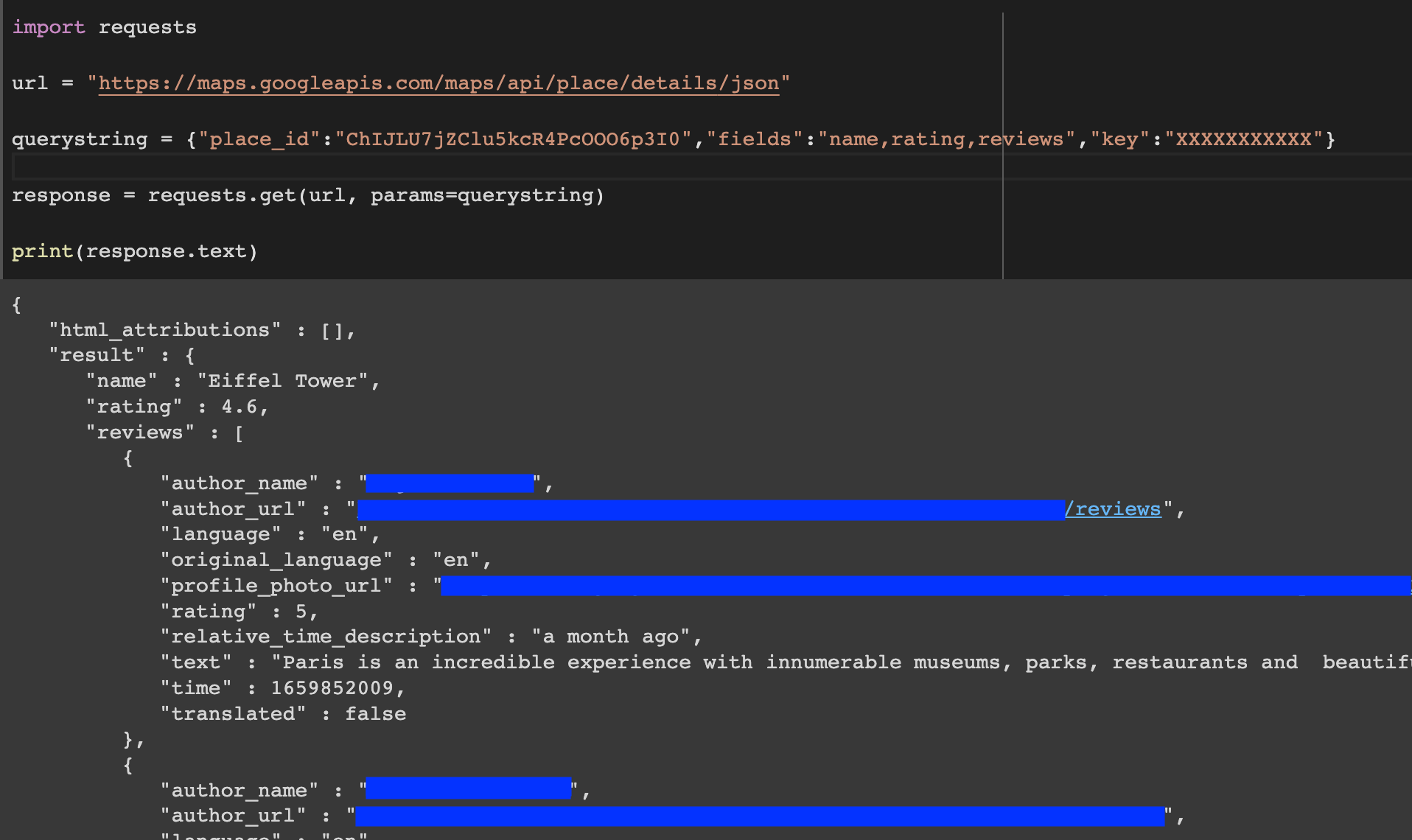 Code Python effectuant une requête à l'API Google Maps, avec le résultat affiché en dessous sous format JSON pour la Tour Eiffel