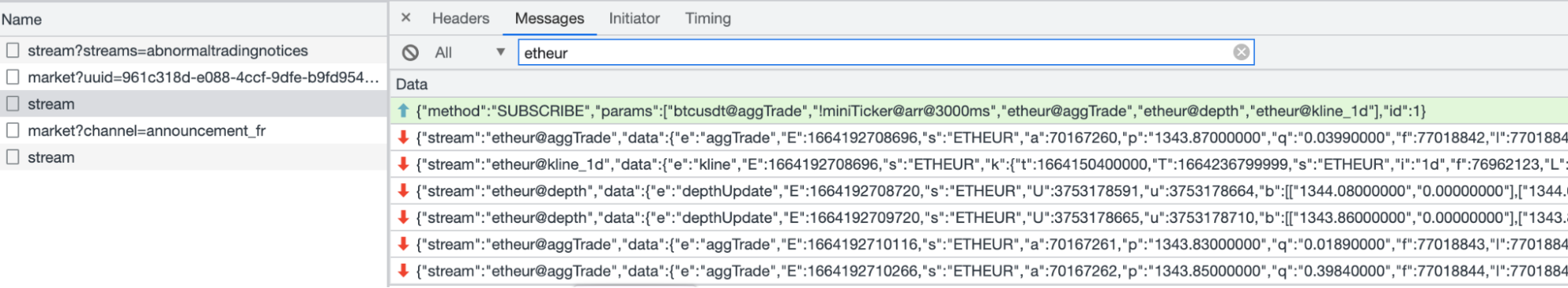 Résultat de requête WebSocket dans l'onglet Network, résultat à droite : Liste de JSON