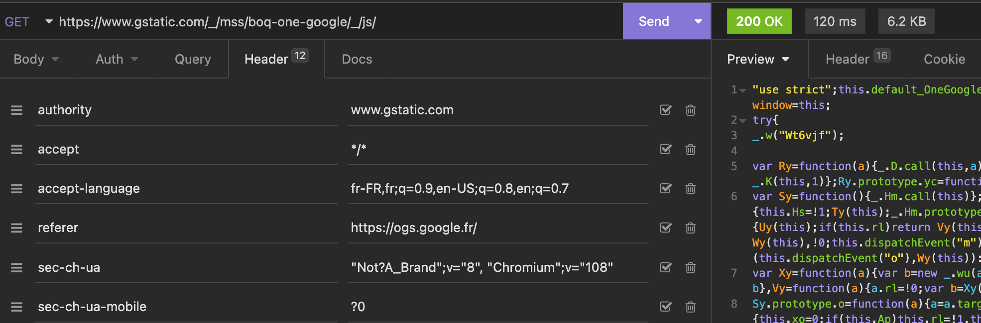 Vue sur Insomnia, avec un URL en haut, des paramètres à gauche et un résultat à droite