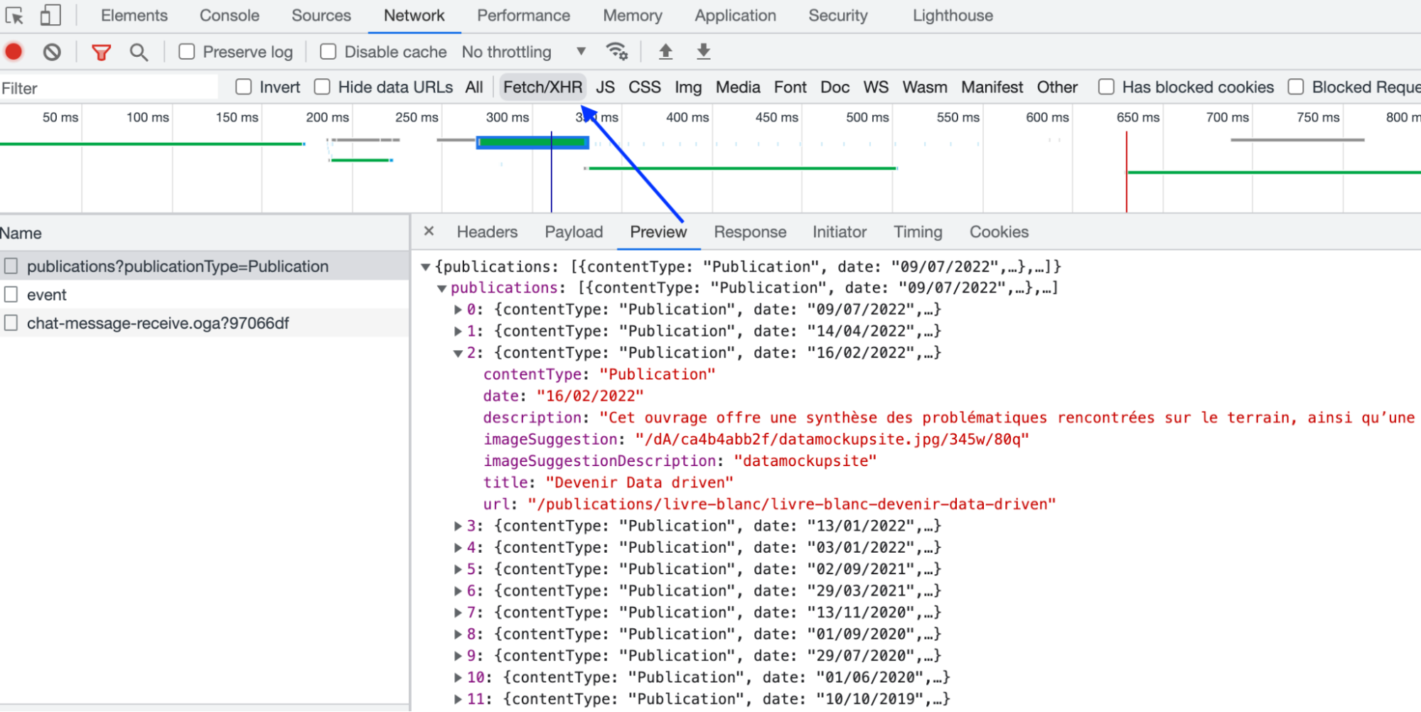 Résultat d'une requête parmi celles vu au dessus, le résultat est un JSON contenant une liste des publications