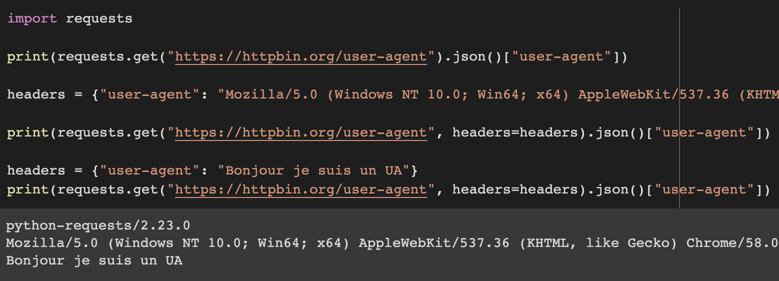 Code de requêtes vers httpbin.org/user-agent pour montrer que l'on peut envoyer n'importe quelle valeur en User-Agent