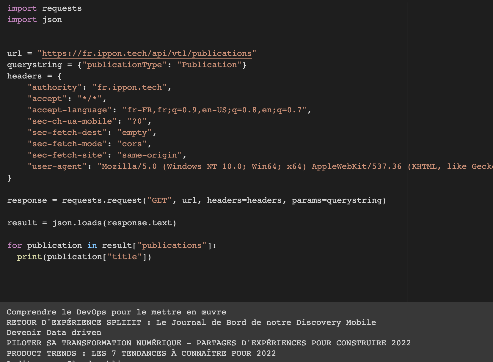 Code récupérant la liste des titres des publications avec le résultat en dessous