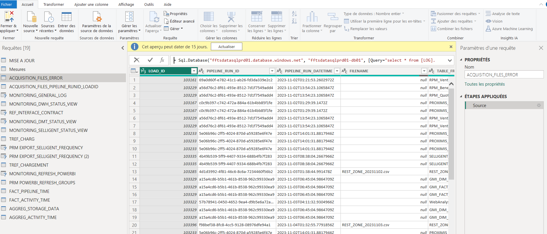 Exemple d'interface Power Query