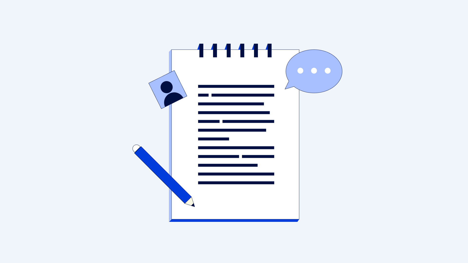 Illustration d'un carnet de notes avec une bulle de dialogue, un crayon et une icône représentant un utilisateur.