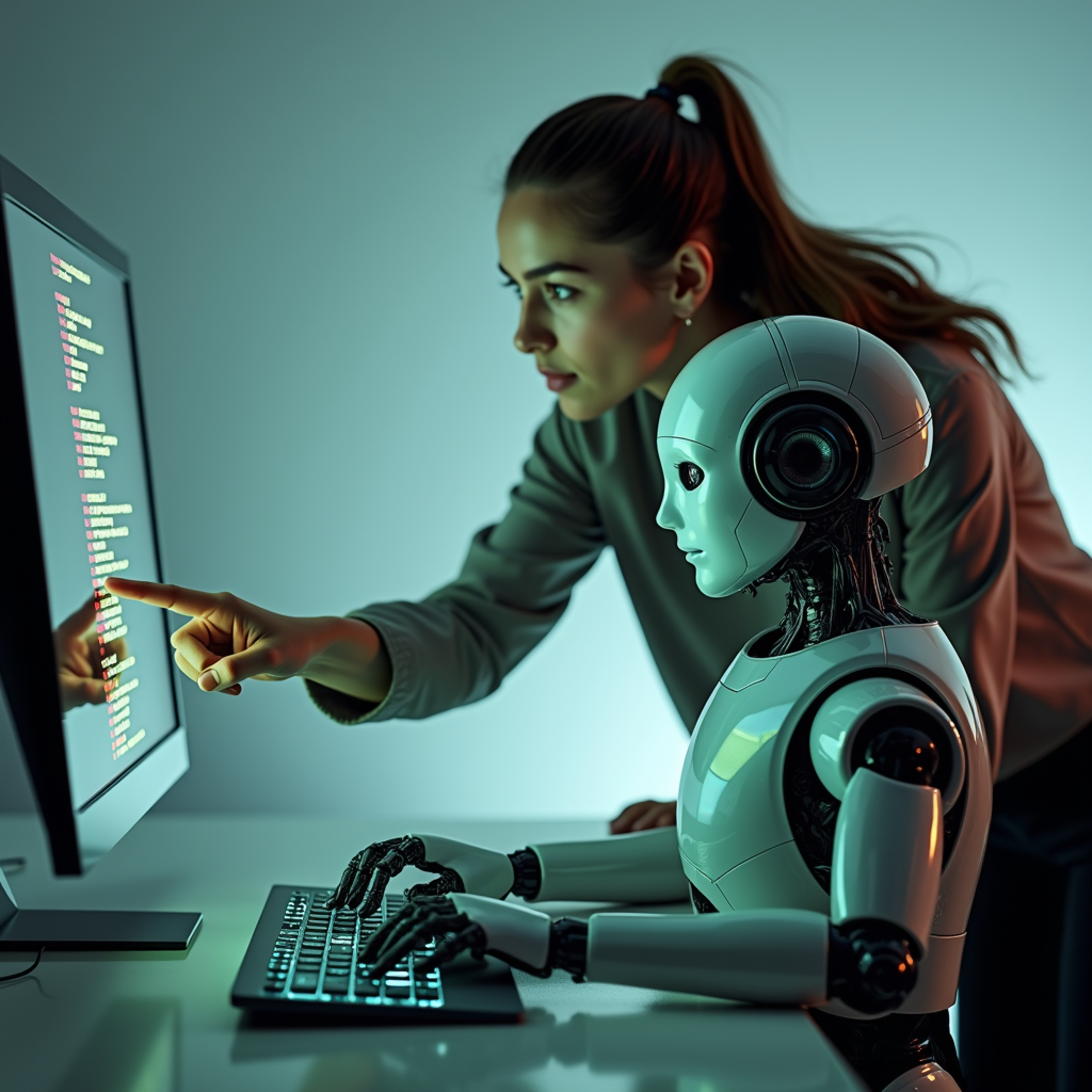 Une femme qui guide un robot sur une tâche de développement