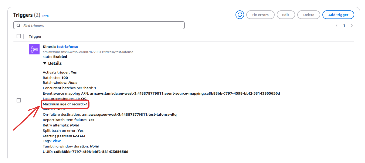 Figure 5 : Configuration du paramètre “Maximum age of record” sur la console AWS