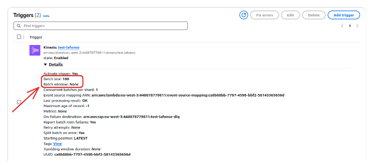 Figure 2 : Configuration du “Batch size” et du “Batch Window” sur la console AWS