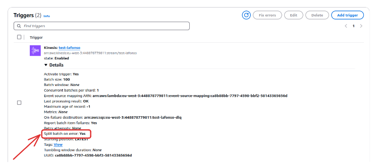 Figure 7 : Configuration du paramètre “Split batch on error” sur la console AWS