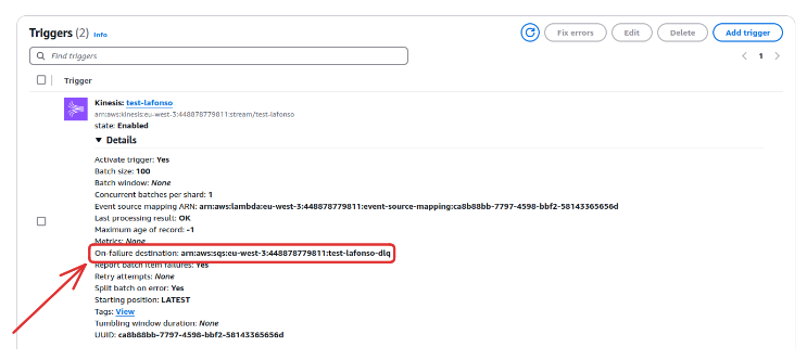 Figure 11 : Configuration du paramètre “On failure destination” sur la console AWS