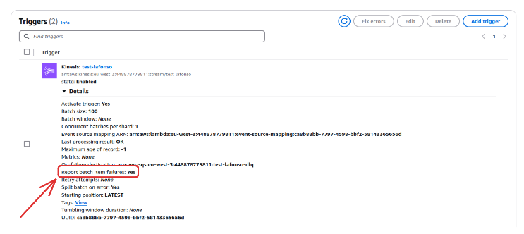 Figure 9 : Configuration du paramètre “Report batch item failures” sur la console AWS