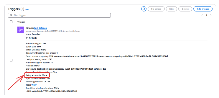 Figure 4 : Configuration du paramètre “retry attempts” sur la console AWS