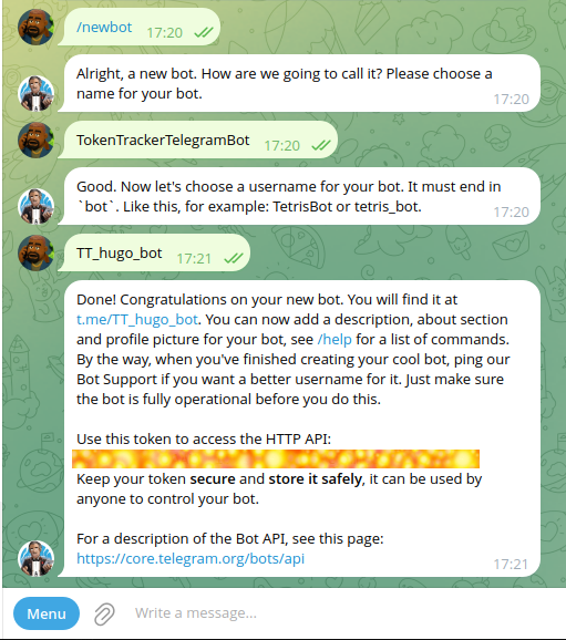 Messages à envoyer au BotFather pour obtenir l'API Key