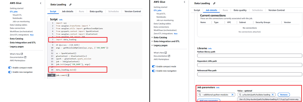 Capture d'écran de la configuration d'AWS Glue ETL pour intégrer un module Python