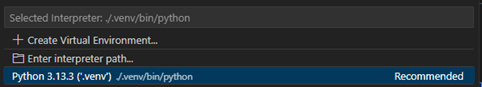 Capture d'écran du Setup de l'interpréteur Python sur VSCode