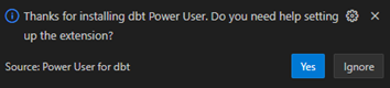 Capture d'écran du pop-up d'aide dbt Power User