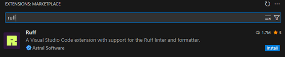 Capture d'écran de l'extension Ruff VSCode à installer