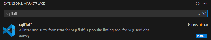 Capture d'écran de l'extension SQLFluff VSCode à installer