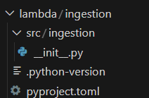 Capture d'écran des fichiers générés par le uv init pour la lambda d'ingestion