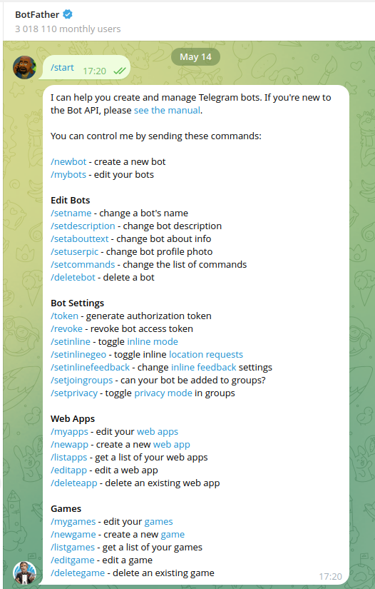Parler au bot BotFather