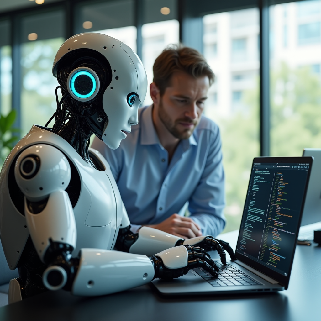 Photo illustrant un robot en train de coder sur un IDE, un humain à côté de lui.