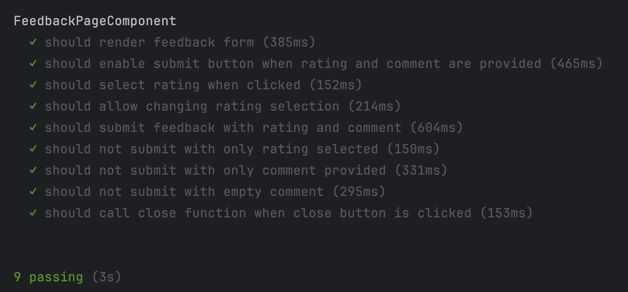 Résultat des tests de composant