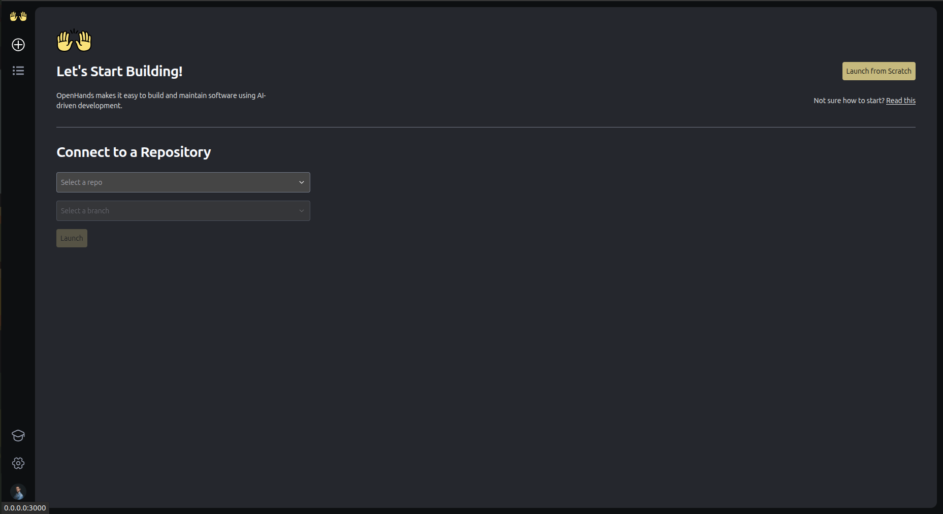 Interface d'accueil d'OpenHands.
