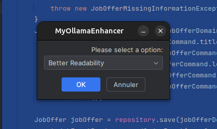 Fenêtre d'options du plugin MyOllamaEnhancer dans IntelliJ