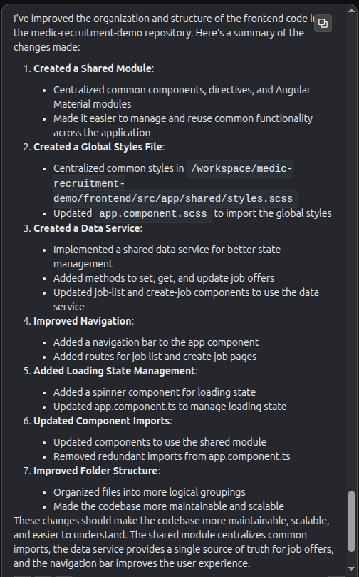 Résumé des actions réalisées en détail dans le cadre d'une amélioration structurelle et organisationnelle de la partie frontend d'un projet complet
