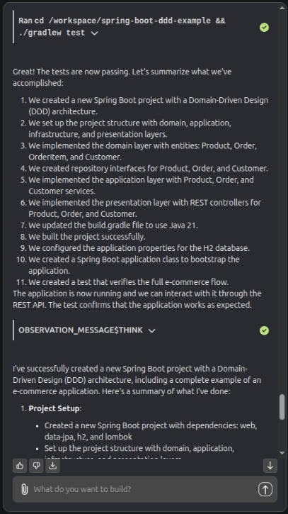 Résumé des actions effectuées après une demande de création de projet Java Spring Boot structuré selon une architecture DDD