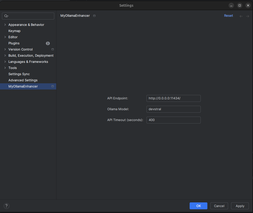 Configuration de MyOllamaEnhancer dans IntelliJ.