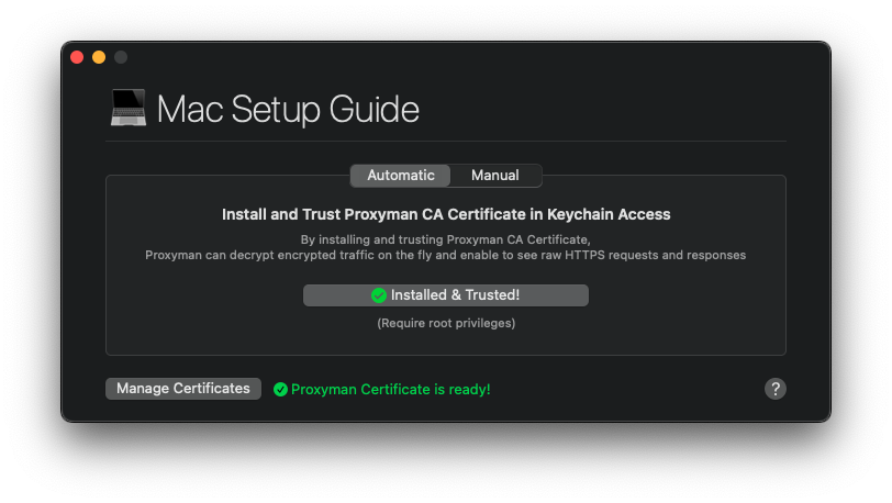 Installation du certificat Proxyman dans la keychain