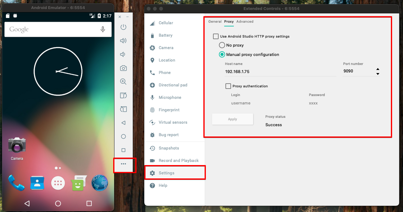 Configuration de l'IP du proxy dans l'émulateur