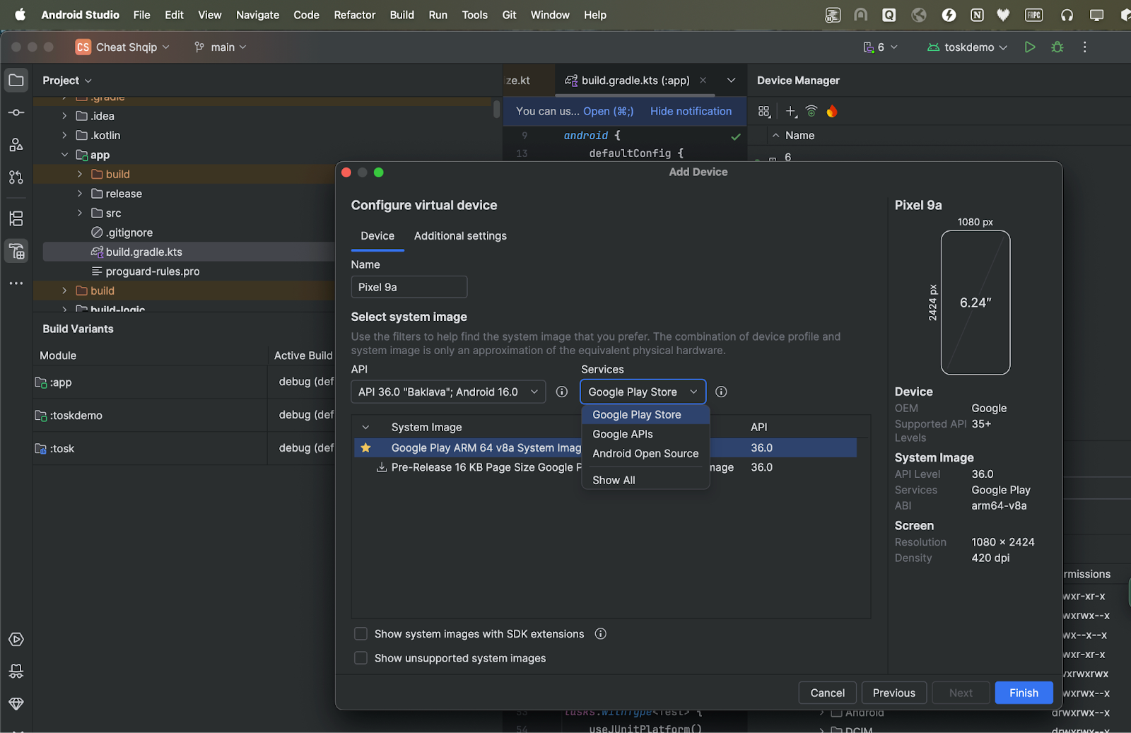 Sélection d'un type d'image émulateur