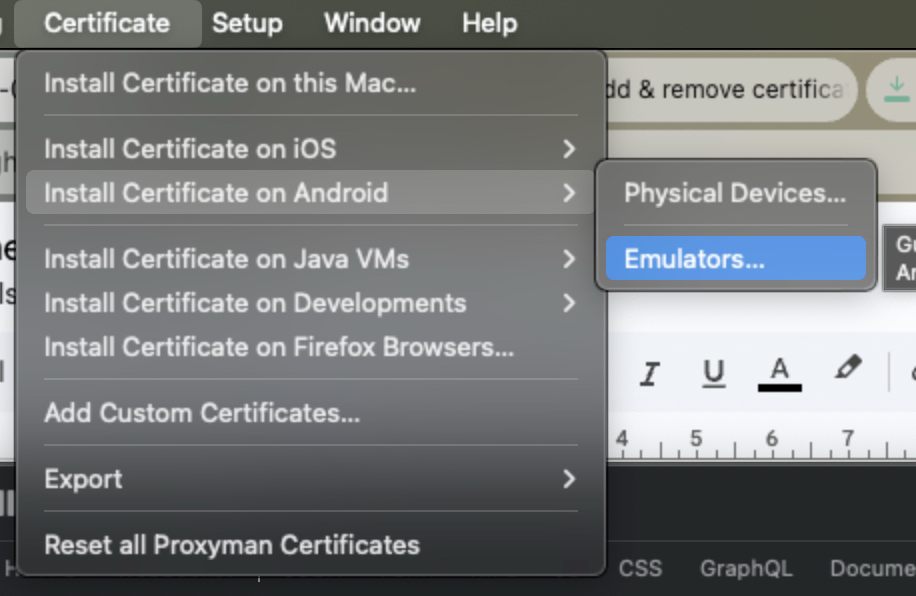 Menu d'installation rapide du certificats Proxyman dans l'émulateur Android