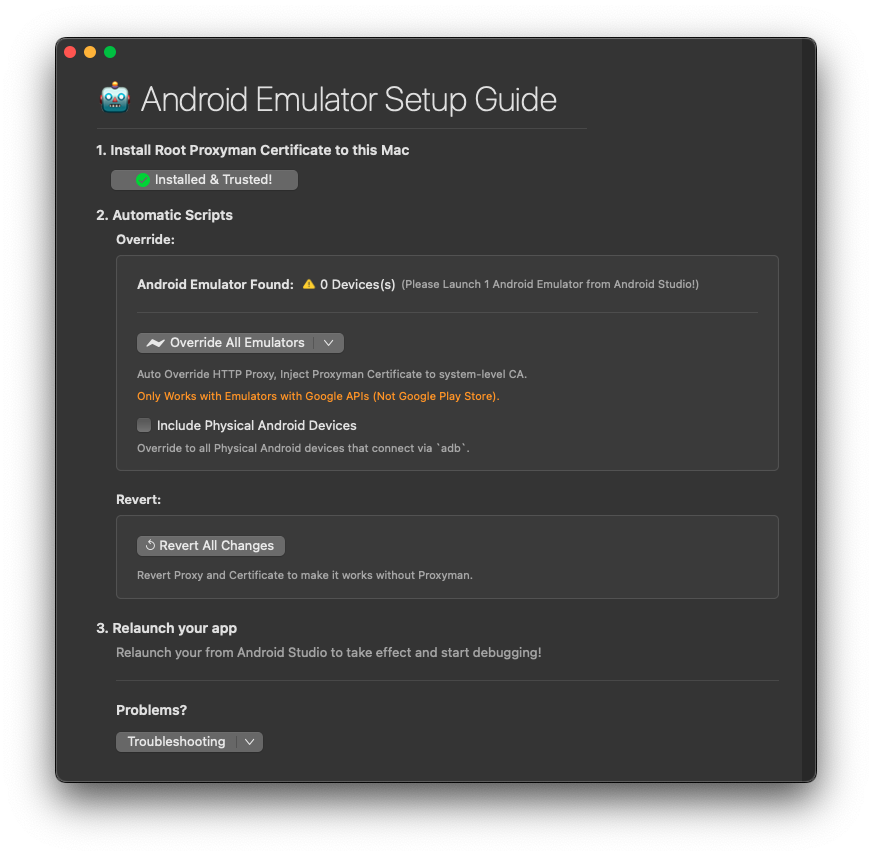 Interface d'installation rapide du certificat HTTPS sur émulateur Android