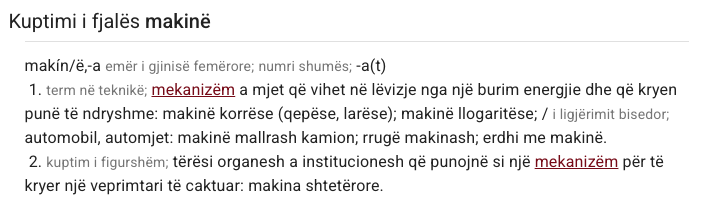 Définition de makinë sur fjalorthi.com