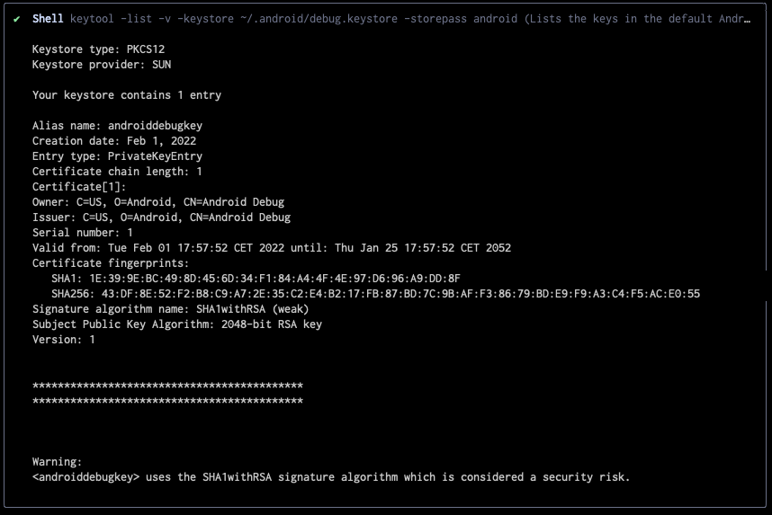 Inspection du keystore de debug par défaut