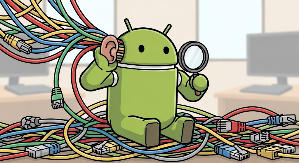 Illustration d'Android assis au milieu de câbles ethernet.