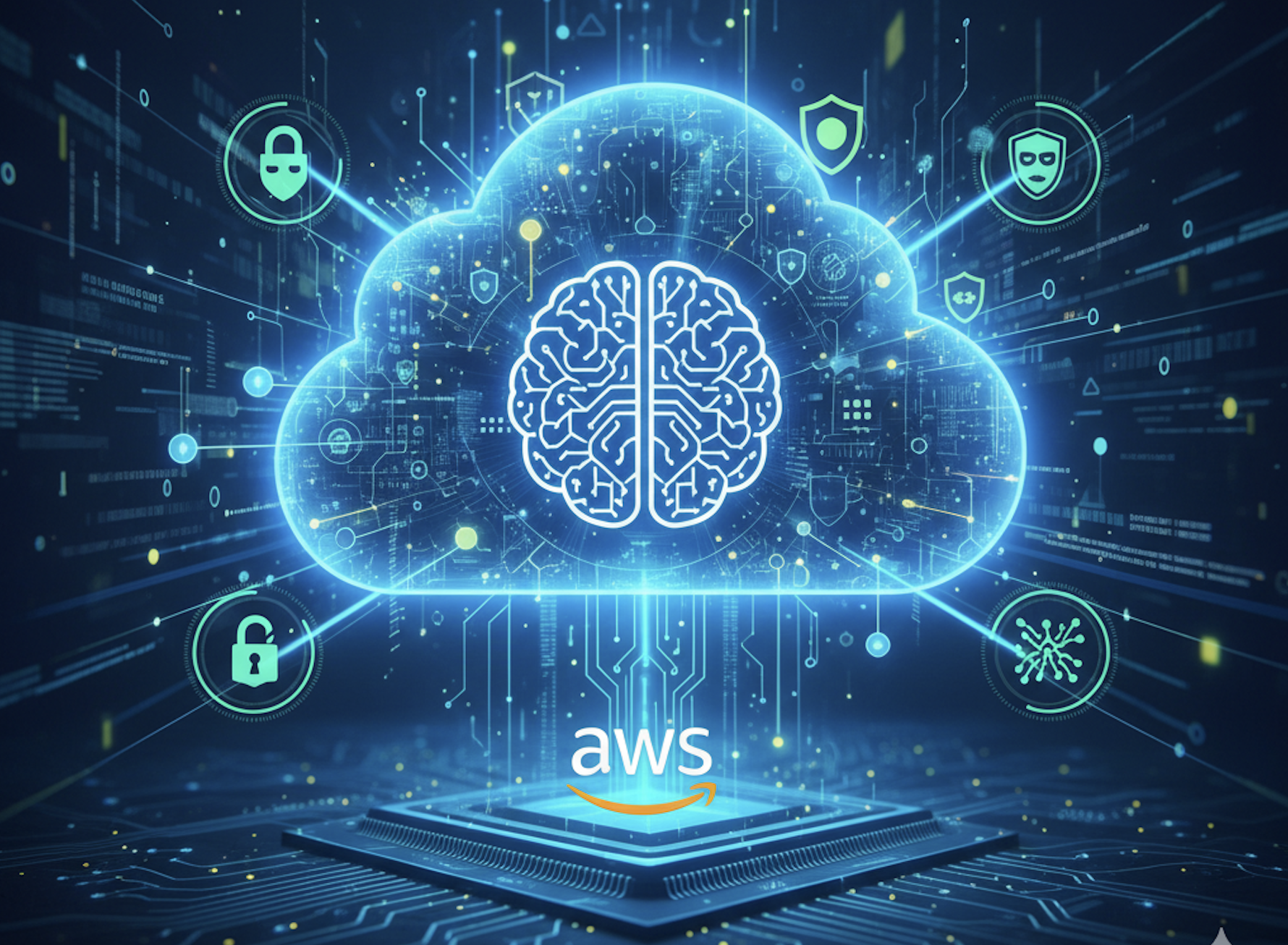 Image d'illustration du Cloud et d'AWS avec des icônes qui représentent la sécurité et d'autres informations présentes dans l'article.