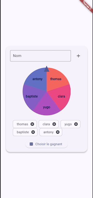 Écran d'interface représentant un input qui demande de renseigner un nom, un graphique où sont écrits plusieurs noms ainsi que le gagnant tiré au sort.