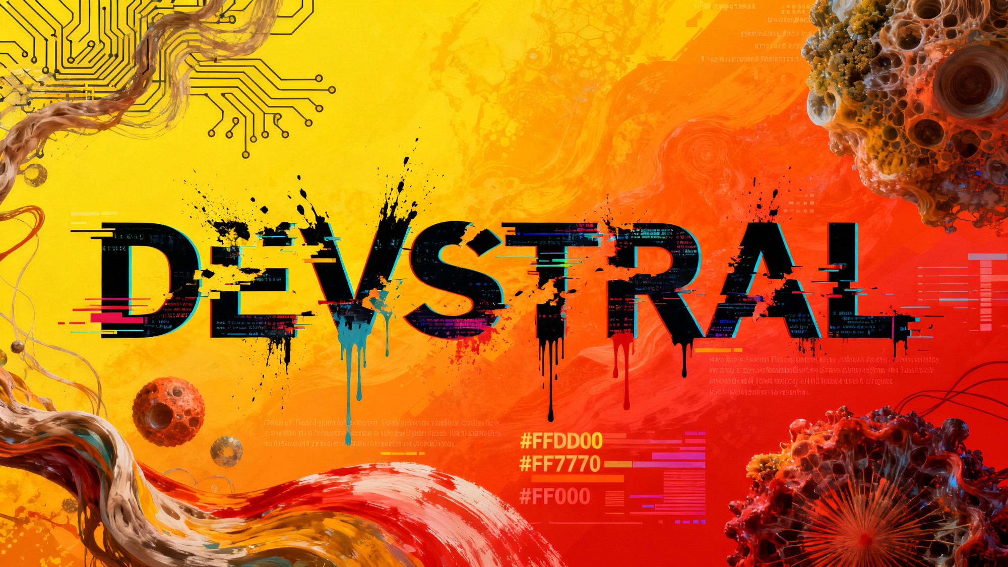 Photo où est écrit "Devstral" dans une typographie déstructurée. Illustration du sujet de l'article.