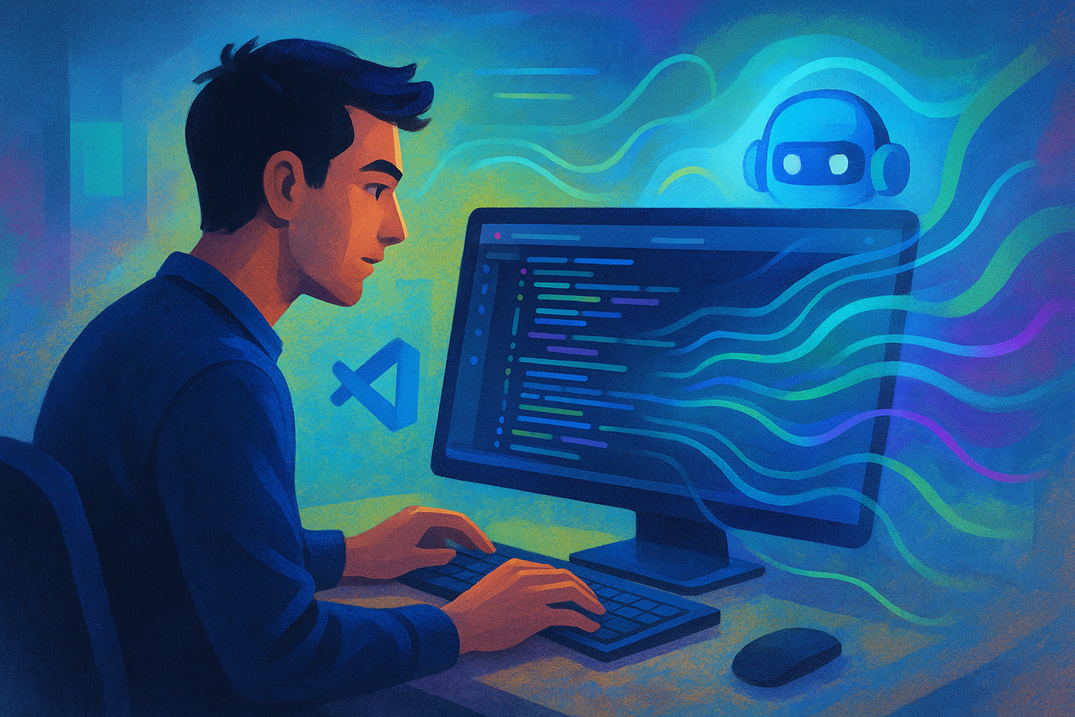 Illustration d'un homme devant son ordinateur qui semble faire du code.