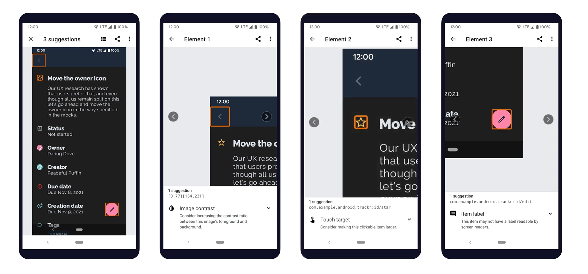 L'Accessibility Scanner encadre les zones non conformes sur une capture d'écran de l'application et au clique, affiche les problèmes rencontrés